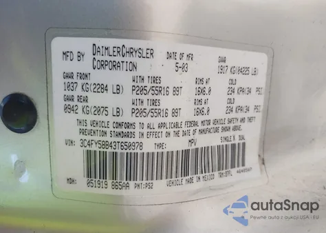 2003 Chrysler Pt Cruiser Touring z USA, uszkodzony, nr VIN 3C4FY58B43T650978